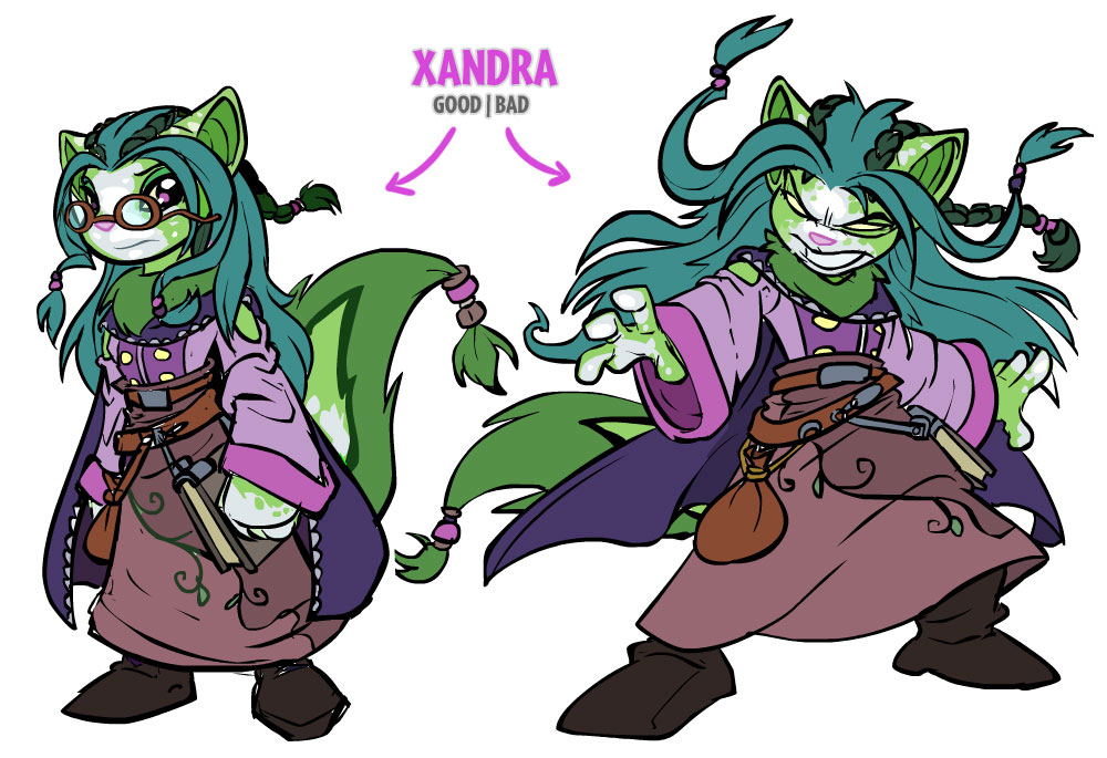 Two illustrations of Xandra, a speckled Xweetok. On the left is "good" Xandra: mild-mannered with glasses. On the right, "bad" Xandra: glowing eyes, wild hair, and a spellcasting pose. Her glasses are missing.